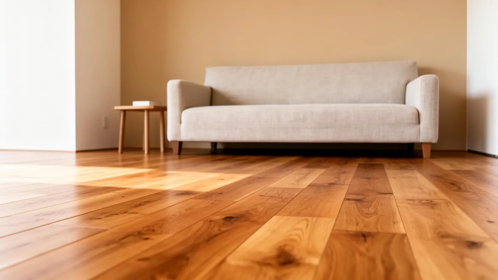 Warmer Eichenholzboden in einem ruhigen, minimalistischen Wohnzimmer