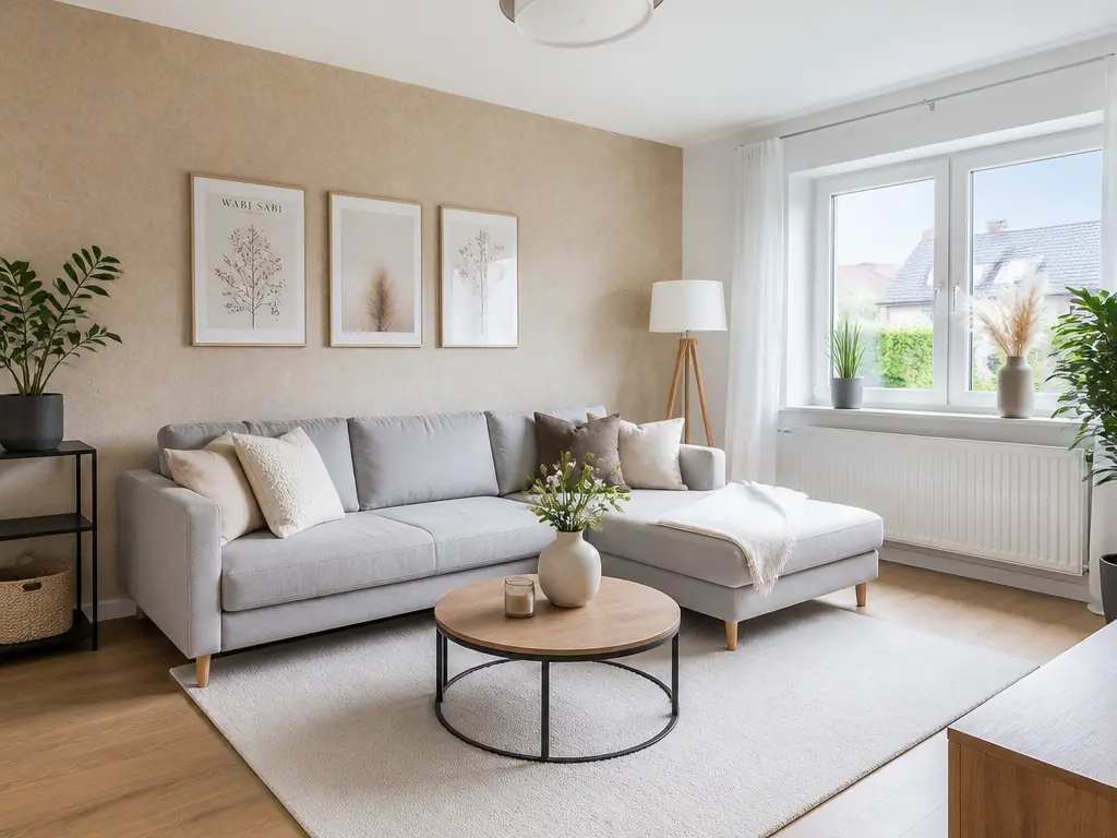 Wohnzimmer mit frisch gestrichenen Wänden und eleganter Akzenttapete