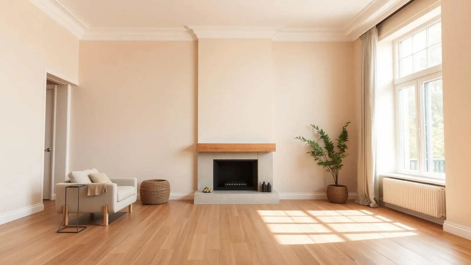 Ruhiges, minimalistisches Wohnzimmer mit frisch gestrichenen Wänden in warmem Beige