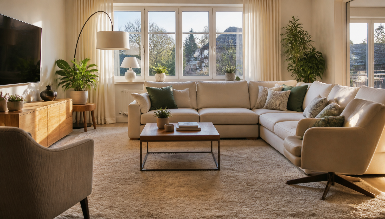 Wohnzimmer mit gepflegtem Teppichboden