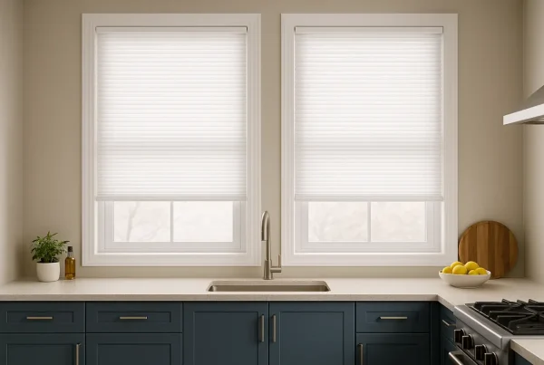 Moderne Küche mit Fenstern mit Plissees